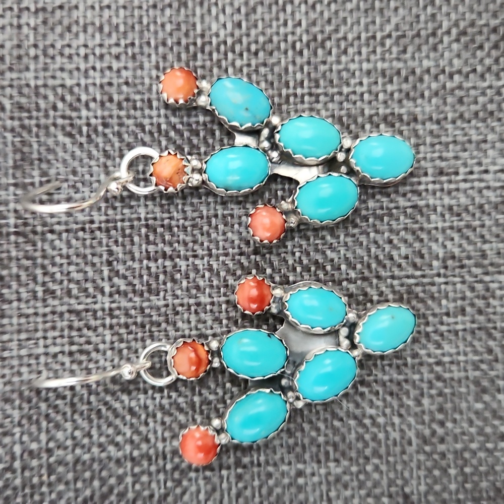 NWT Native American Navajo Turquoise Cactus Dangle Earrings 🩵🌵🧡 - Picture 10 of 12